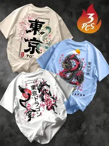 Japanese Style Dragon & Sakura Graphic T-Shirts 3-Pack | Premium Breathable Summer Tee for Men, Tokyo Aesthetic Streetwear Grunge Top, Perfect for Festival & Casual Night Out