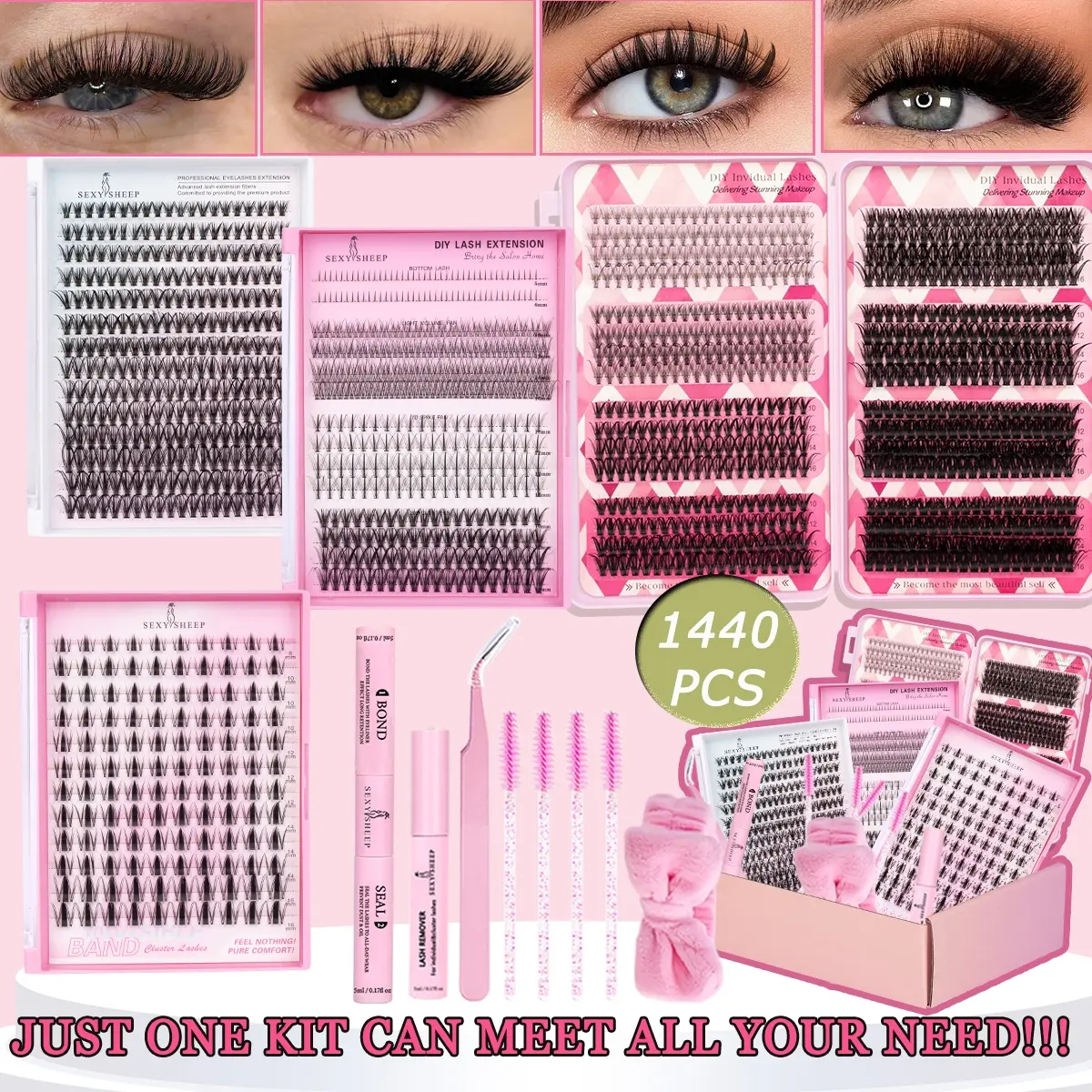 1440PCS DIY Eyelash Extension Kit | At Home Lash Extension Set for Salon Look – Easy, Long Lasting, Beginner Friendly! Eyelash Extensions Kit