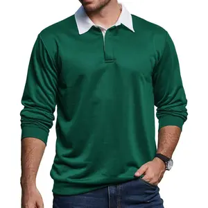 Mens Long Sleeve Polo Shirt Button Down Classic Pullover Sweatshirts for Men Polos with Contrast Collar