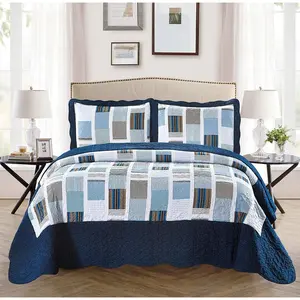 3pc Over Size New Bedspread Bed Cover (Full/Queen, Navy Blue Stripes Squares Plaid)