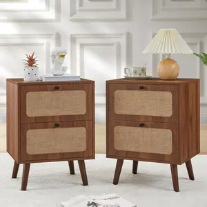 Giratree Mid Century Night Stand Set of 2, Modern Nightstand with 2 Drawers and Nature Linen Panel, Wood Bedside Table Rustic End Table Side Tables for Small Space, Dorm, Bedroom