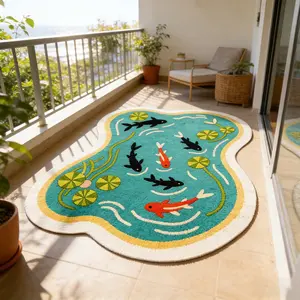 1pc Simple Fresh Irregular Living Room Bedroom Carpet, Creative Lotus Water Grass Koi Fish Pattern, Soft Plush Rug, Home Decor Balcony Mat, Modern Area Rug