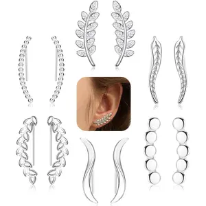 FIBO STEEL 6 Pairs Stainless Steel Clip Earrings for Women Cuff Earrings Stacking Set Leaf Feather Linear Wave Ear Pin Fashion Non Tarnish Jewelry Accessories Design Decoration