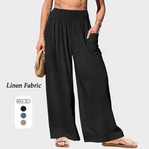 TARSE Women’s Linen Palazzo Pants Loose Wide Leg Boho High Waist Lounge Trousers Vacation Casual Baggy Minimalist Bottom with Pockets for Fall Winter