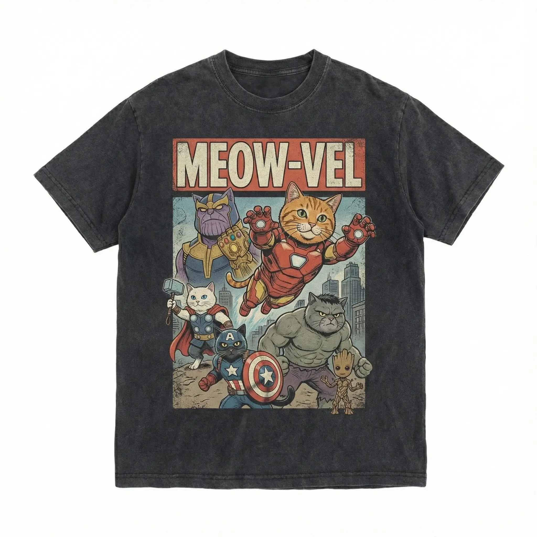 Meow-Vel Cat Graphic Tee, Funny Super Cats Shirt, Viral TikTok Oversized Vintage Tee, Unisex Streetwear, Cat Lover Gift