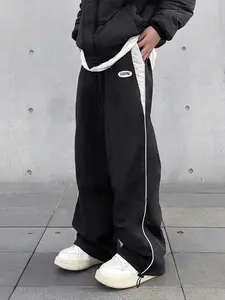 Unisex Colorblock Patched Drawstring Waist Wide Leg Pants, Men's Loose Pocket Trousers for Daily Wear, Casual Fashion Trousers, Menswear Bottoms for All Seasons