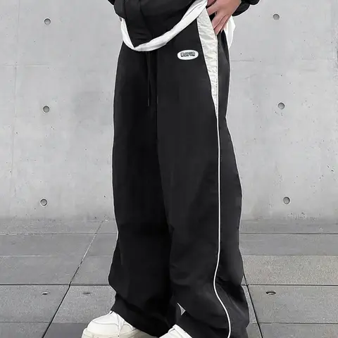 Unisex Colorblock Patched Drawstring Waist Wide Leg Pants, Men's Loose Casual Fashionable Pocket Trousers for Daily Wear, Casual Fashion Trousers, Casual Street Pants, Menswear Bottoms for All Seasons