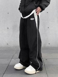 unisex colorblock patched drawstring waist wide leg pants, men's casual street baggy jeans, loose pocket trousers for daily wear, menswear bottoms for all seasons, pants for men, baggy trousers, sports clothes, streetwear