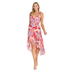 High-Low Midi Dress in Coral Tones with Side Pleats and Ruffle Straps