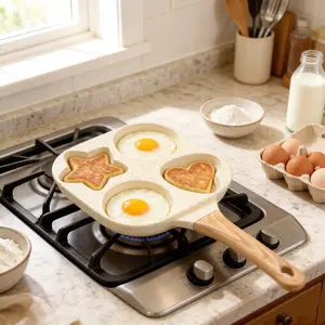 4-Hole Breakfast Maker with Heart & Star Molds, Medical Stone Coated Pancake Pan, Egg Burger Skillet, Multi-Function Mini Griddle for Gas Stove & Induction Cooktop, Easy Clean Kitchen Cookware for Homemade Breakfast, Pancakes, Burgers