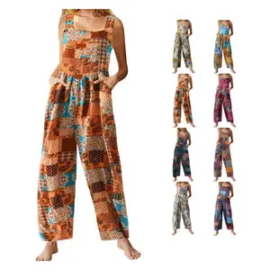 JovenPara Women's Patchwork Dual Pocket Jumpsuit Loose Floral Print Bohemian Wide Leg Bib Overall Womenswear Wideleg Strap Sleeveless