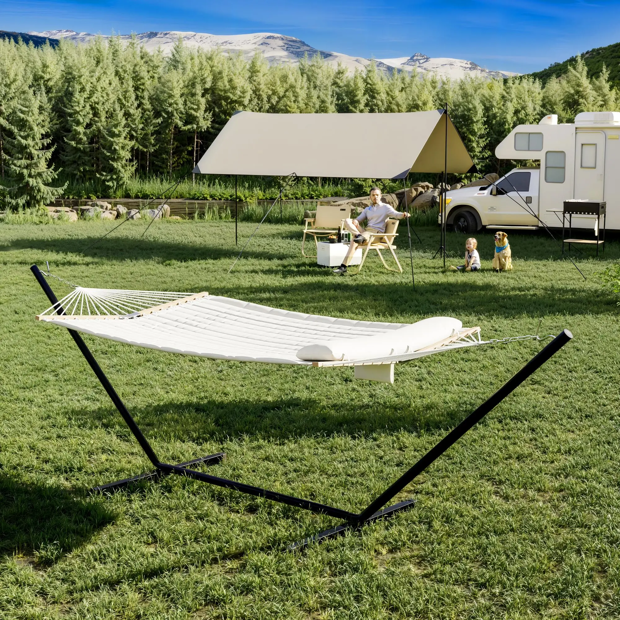 Portable Hammock 2 Person Double  Quick  Effortless Assembly with Sturdy Heavy-Duty Steel Stand  450LBS Max Load,  for Indoor Living, Yard, Patio & Camping Trips