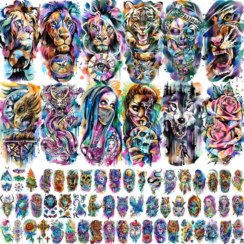 66 Sheets Watercolor Temporary Tattoos For Men Women Forearm Shoulder Legs Body Arm, 12 Sheets Long Lasting Lion Tiger Wolf Dragon Ealge Fake Tattoo Sleeve Adults, 54 Sheets Groovy Small Tatoos Kids