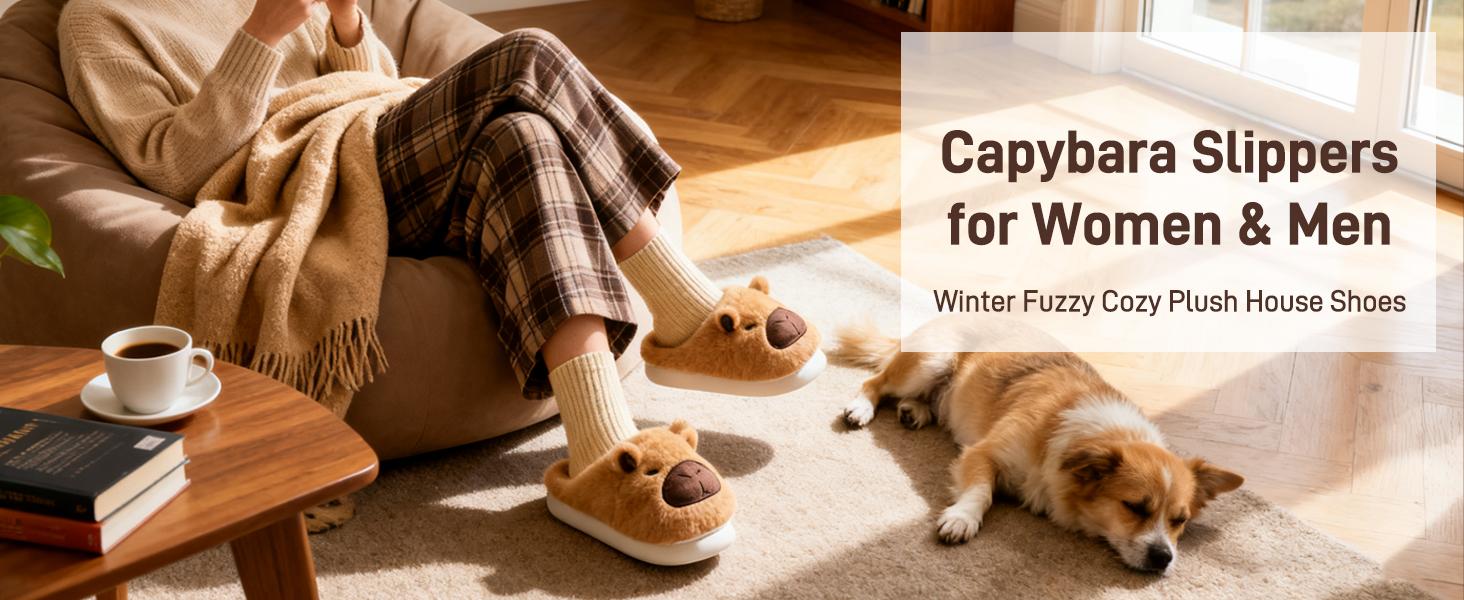 Fuzzy Cute Capybara Slippers Women Men Warm House Slides for Indoor Outdoor Autumn Winter Casual Walking Shoes