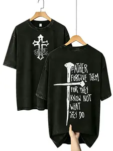 Vintage Washed Christian T-Shirt for Men, Oversized Fit in Distressed Heavyweight Cotton with a Nail Cross and Luke 23:34 Graphic, Baggy
