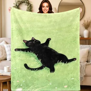 1pc Flannel Blanket with Black Cat & Lime Green Plush Feline Print - Soft All-Season Cozy Throw for Bed, Sofa, Camping - Cat Lover Gift, Machine Washable C