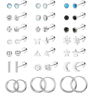 FIASASO 21Pairs Surgical Steel Flat Back Earrings Hypoallergenic 20G Screw Back Nap Stack Cartilage Earring Stacks