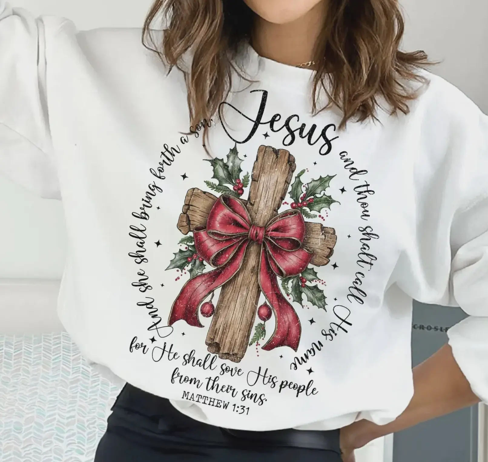 Jesus Christmas Sweater Gildan 18000, She Shall Bring Forth a Son, O Come Let Us Adore Him, Nativity Scene, Christian Christmas, Boho Jesus, Loose Fit, Long Sleeve, Crew Neck, Unisex, Fleece Blend, Soft Cozy, Neutral Boho Tones