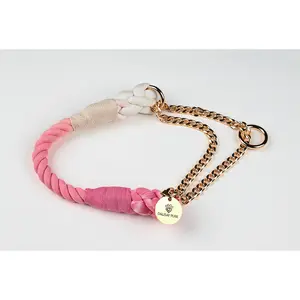 "Pale Pink" Beyond Par Cotton Rope Dog Collar with Gold Chain and Keychain Attachment