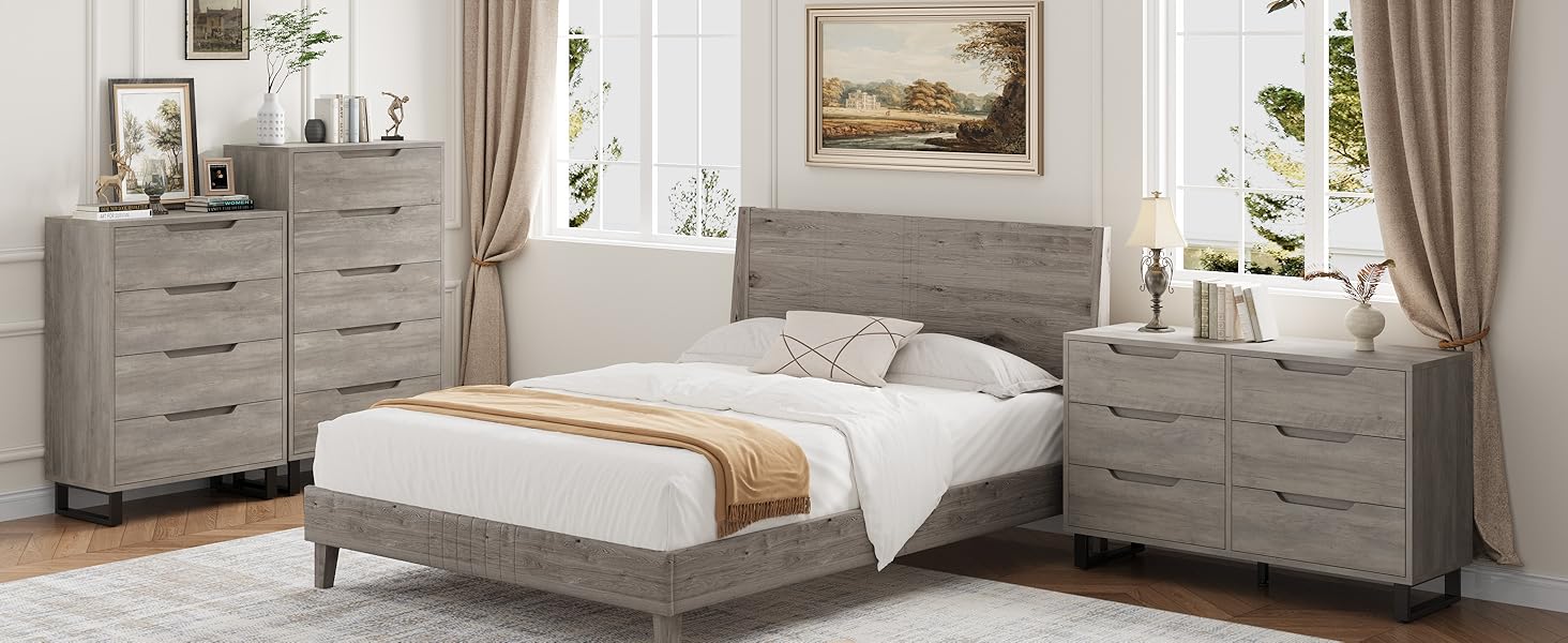 【GARVEE】5-Drawer Wooden Tall Dresser,  Anti-Tip Closet Organizer, Modern Chests of Drawers with Adjustable Legs, for Bedroom, Living Room, Entryway, Grey