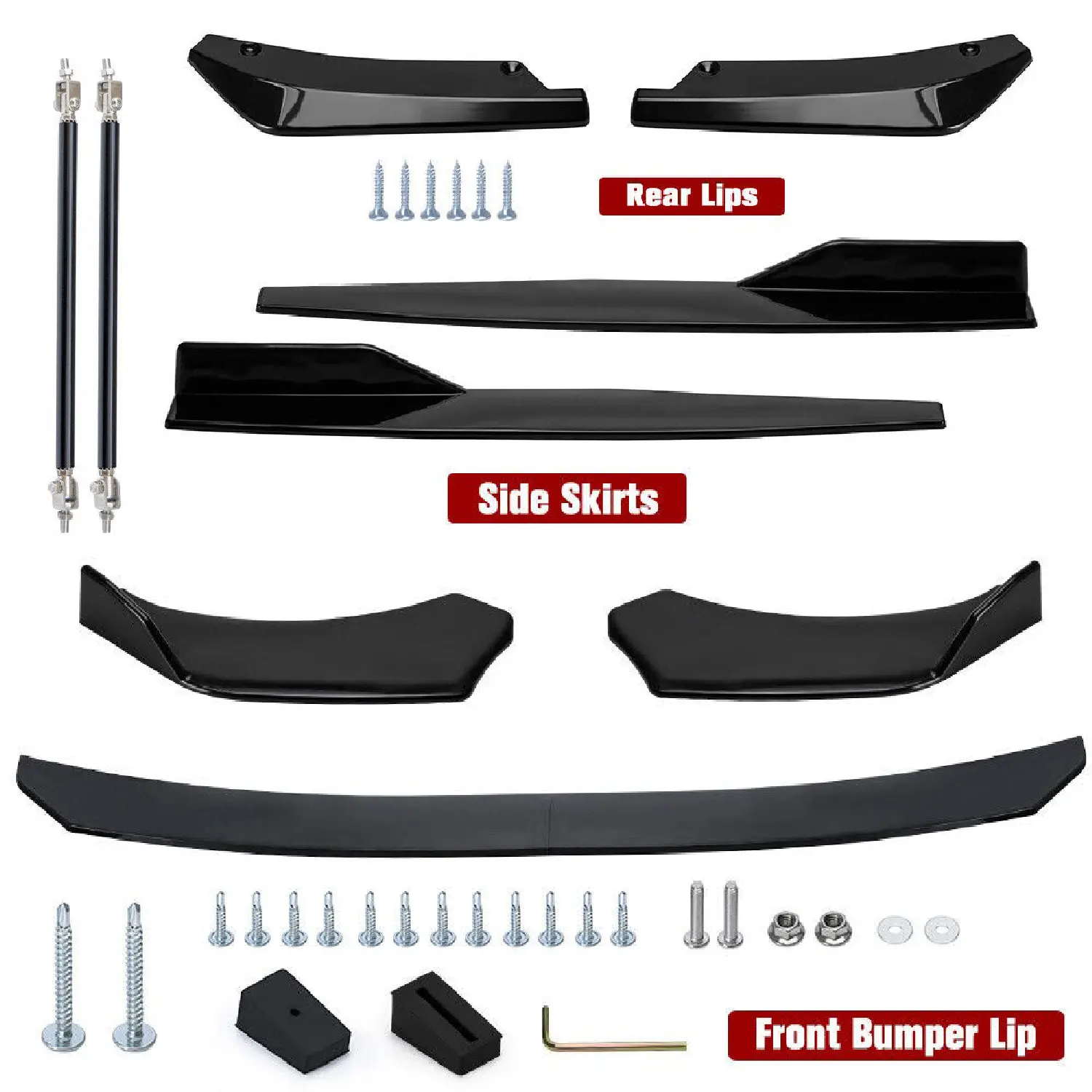 Universal Car Front Bumper Lip Spoiler Diffuser Body Kits + 29"/74.5CM Car Side Skirt Extension Rocker Panel Body Kit+ 14"/35CM Car Rear Bumper Lip Diffuser Splitter
