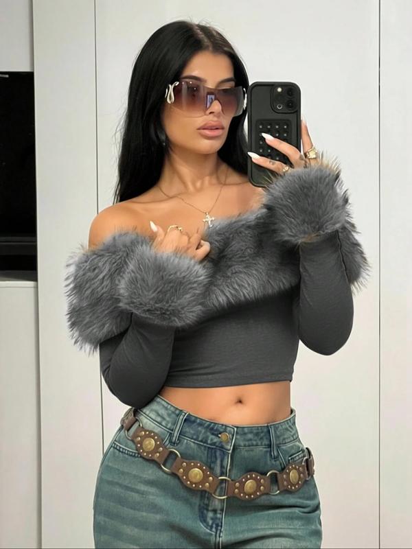 Fluffy Collar Spliced Shoulder Long Sleeve T-Shirt, Fashionable and Elegant, Perfect for Autumn Winter Seasons, Women's Casual Top