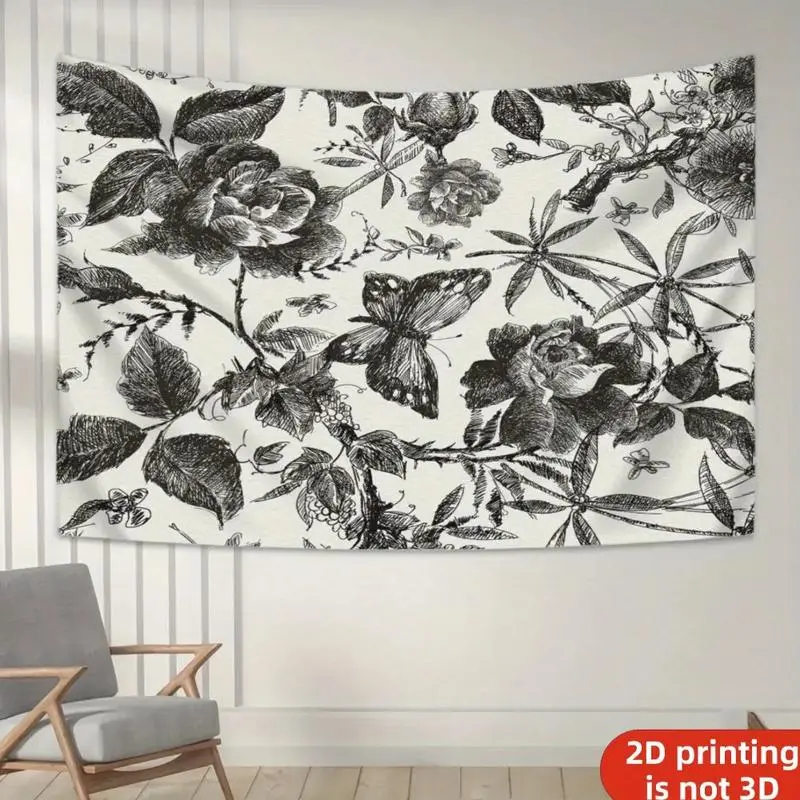 Boho Chic Vintage Floral Print Tapestry - Black and White Rectangular Botanical Wall Hanging with Roses, 2D Printing Flowers Room Decor for Living Room, Easy-Hang Home Backdrop (2D Printing Is Not 3D), Room Decorations
