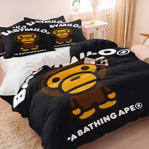BAPE Baby Milo Cartoon Monkey Duvet Cover Set, 1 Duvet Cover & 1-2 Pillowcases (no Pillows), Black Background with Large Cartoon Monkey, Soft Cozy Minimalist Trend Childlike Bedroom Decor, Gift for Fans, Bedroom Bedding Set