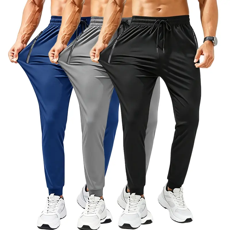 3-Pack Men’s Ice Silk Casual Sports Pants with Zipper Pockets, Skin-Friendly and Comfortable—Essential for Summer and Everyday Wear
