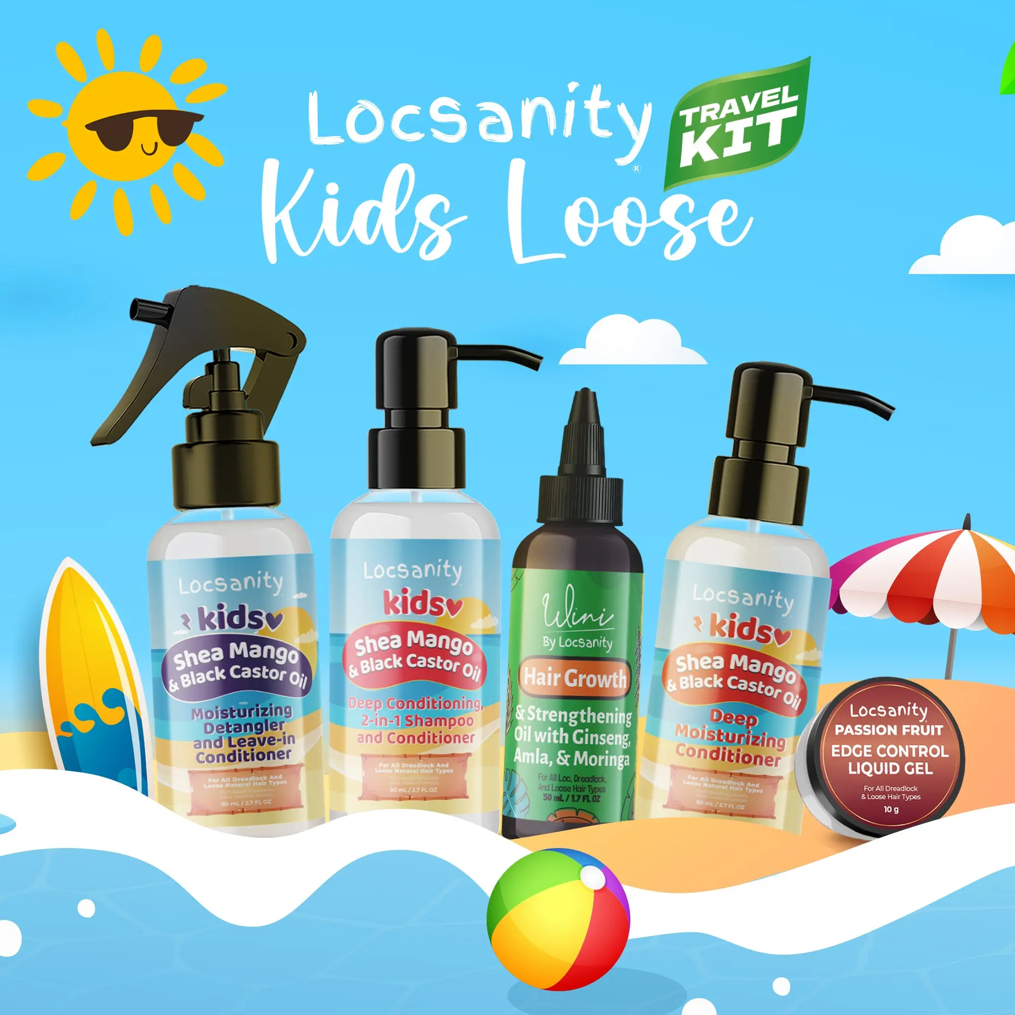LOCSANITY Kids Haircare Travel Kit, 5-Piece Set for Intensive Moisture, Detangling & Frizz Control, Includes Shampoo & Conditioner for Natural Hair, Gel, Nourishing, Oil, Hair Growth, Edge Control, Travel Size, Gentle, Hydrating, Non Toxic, Clean, Childre