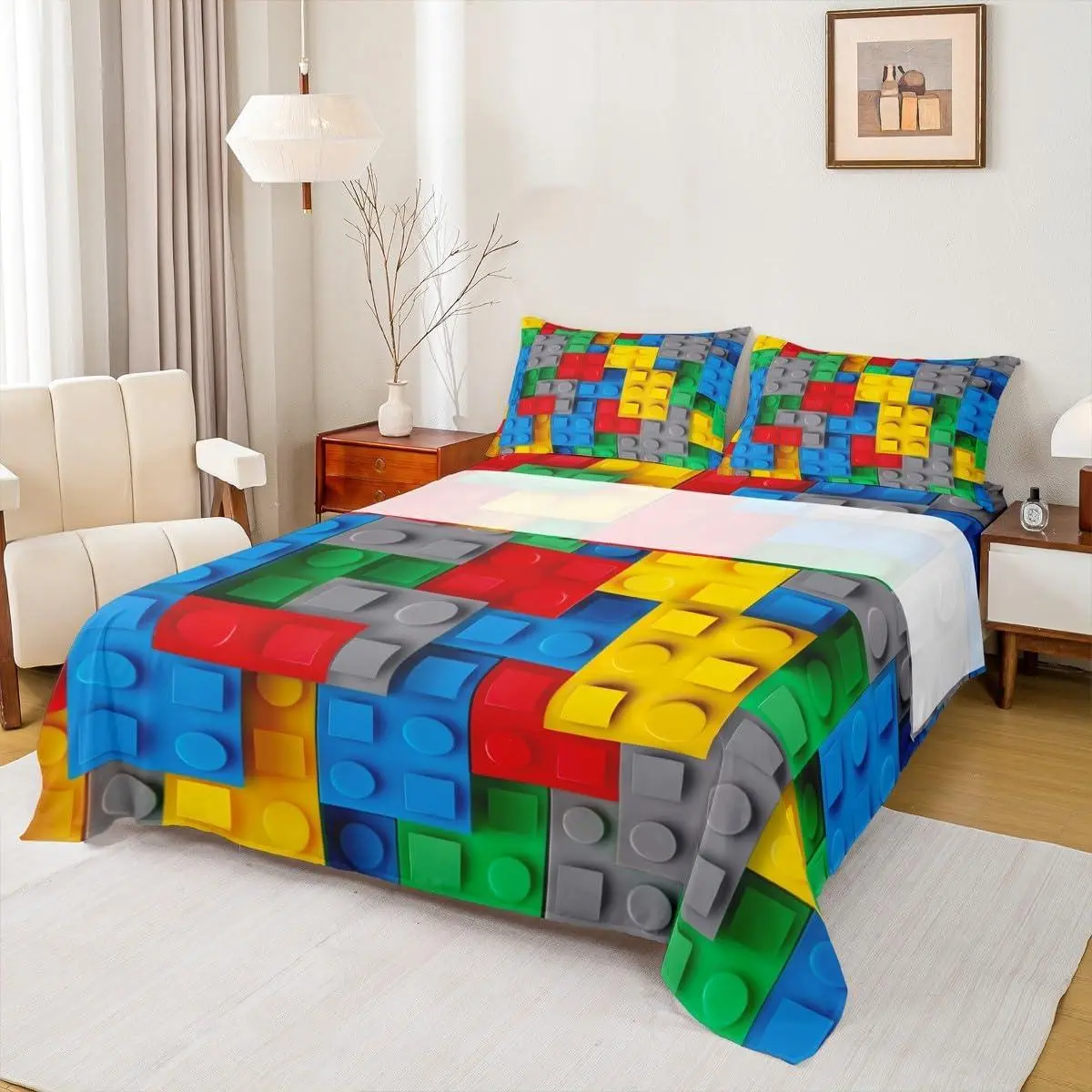 Construction Bed Sheets Set,Colorful Sheet Set,3D Building Blocks Sheets,Kids Boys Bricks Flat Fitted Sheet Rainbow Gradient Room Decor for Teen Girls,Red Yellow Green Blue Grey