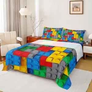 Construction Bed Sheets Set,Colorful Sheet Set,3D Building Blocks Sheets,Kids Boys Bricks Flat Fitted Sheet Rainbow Gradient Room Decor for Teen Girls,Red Yellow Green Blue Grey