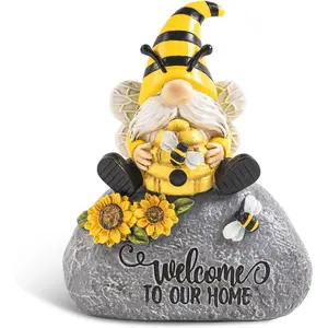 Honey Bee Garden Gnome Statue Decor, 7.3" H Resin Yellow Bumble Bee Sunflower Gnome Figurine, Spring Summer Outdoor Porch Patio Yard Lawn Flower Bed Home Decorations, Gifts For Garden Lovers