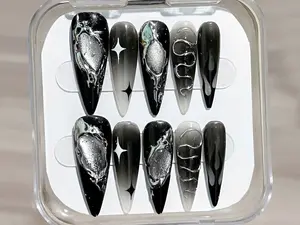 Gothic Black Chrome Press On Nails Long Stiletto | 3D Metallic Silver Sculpted Nails | Ombre Gradient Reusable Handmade False Nails