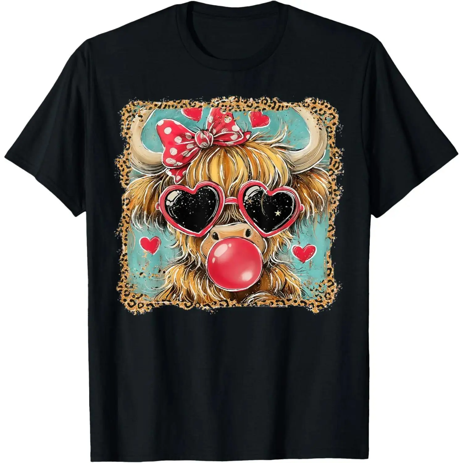 Women's 100% Cotton Valentine Graphic T-Shirt - Classic Unisex Fit, Fitted Cut, Highland Cow & Bow and Heart Leopard Patterns, Retro Coquette Aesthetic, Soft Breathable Short-Sleeve Crewneck, Valentine's Day Gift, Casual Summer Wear