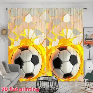 2D Flat 2Pcs Soccer Ball & Fire Elements Curtain Panels, Semi Sunshade Pole Pocket Style Window Drapes, Perfect for Game Room, Bedroom, Living Home Decor, Accessory, Anti Privacy.