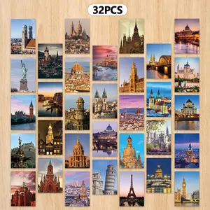 City Landmark Pattern Postcard, 32pcs/set City Architecture Themed Postcard, Wall Decorative Card, Message Card, Postcard for Home Decor