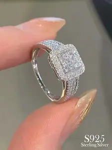 S925 Sterling Silver Fashionable Square Shaped Cubic Zirconia Ring, Luxury for Women, Trendy All-match & Exquisite Jewelry for Birthday Gift