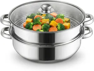 2 Tier Steamer Pot With Lid, Multipurpose Thickened Stainless Steel Steaming Pot With Handle For Vegetable Dumpling Food, 11 Inch
