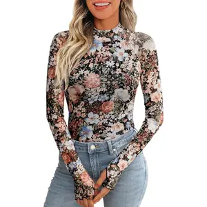 Women's Floral Mesh Long Sleeve Sheer Lace Blouse with Faux High Neck, Fall Outfits 2025