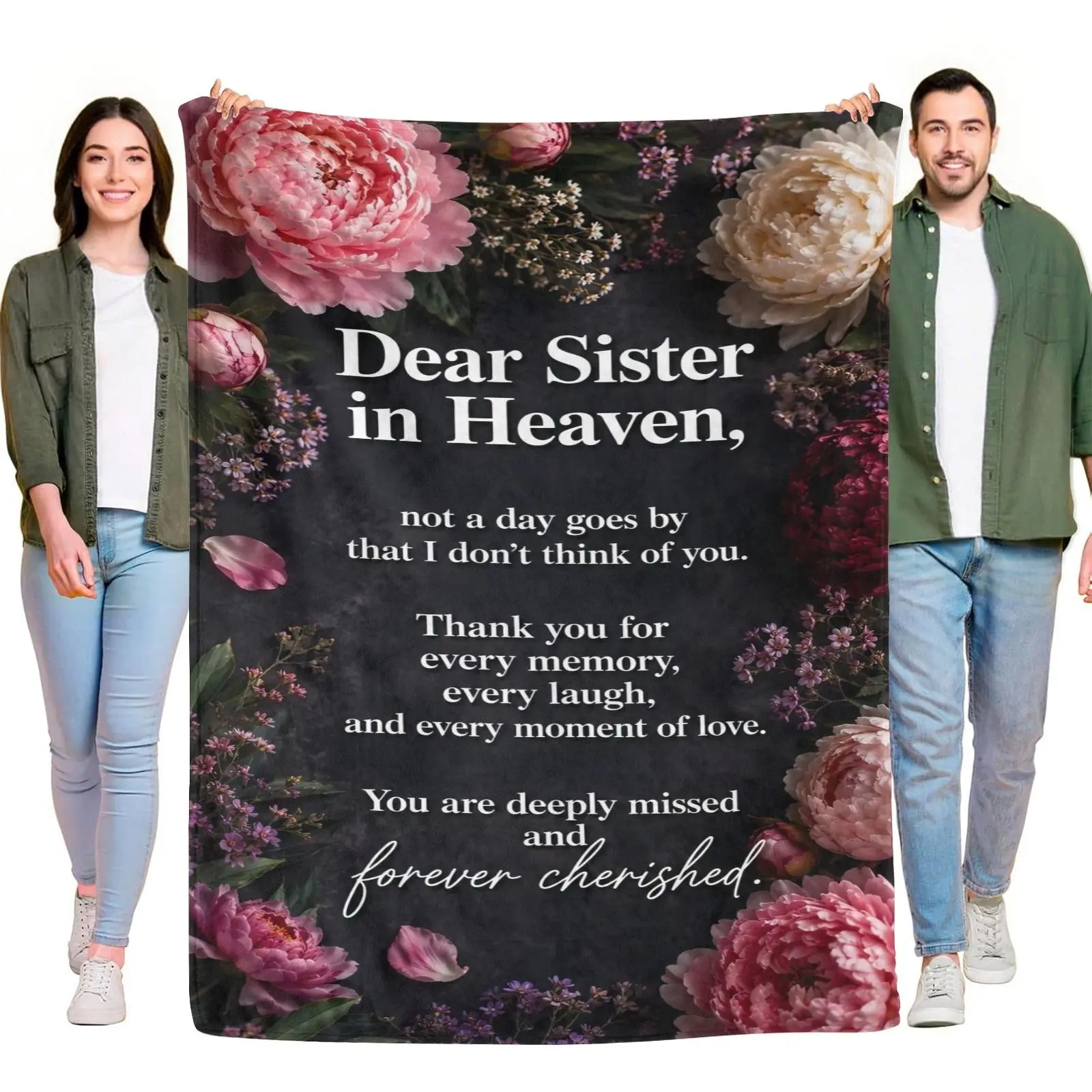 Dear Sister In Heaven Pink Peony Floral Memorial Quote Flannel Throw Blanket, Remembrance Sympathy Gift For Loss Of Sister Cozy Blanket