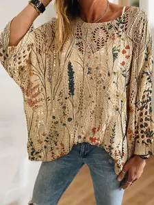 Women's Boho Floral Print Knit Top Blouse Long Sleeve, Casual Elegant Vacation Style, Comfortable Breathable Loose Fit, Batwing Shoulder Design, Spring Summer Fall Fashion