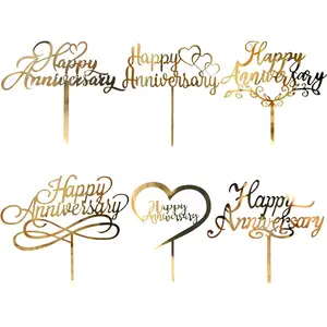 6pcs Happy Anniversary Cake Topper Gold Acrylic Cake Topper, Happy Anniversary Cake Sign, Wedding Cake Decorations Party Supplies