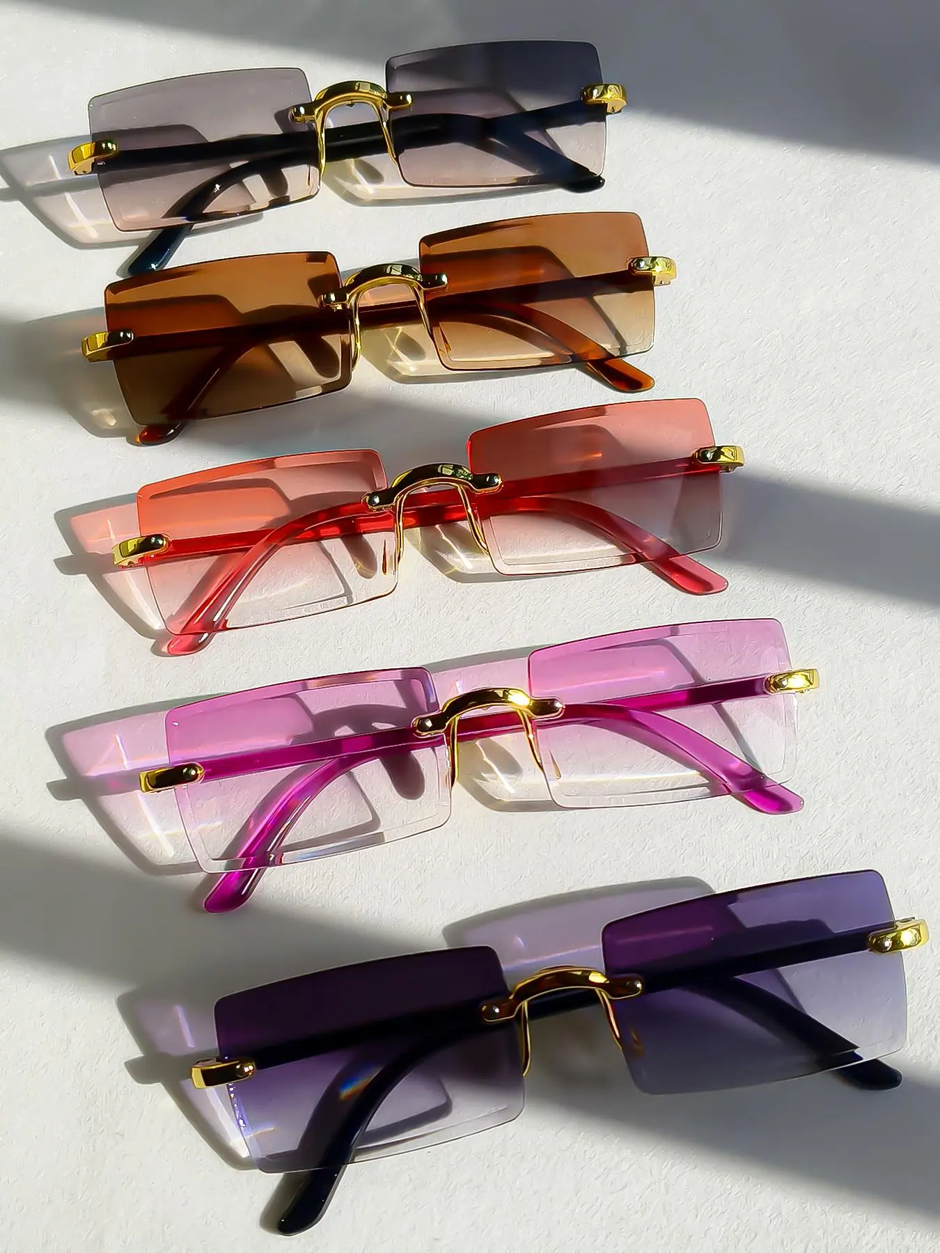 Unisex Summer Vintage Rimless Sunglasses (5 Pairs), Trendy Ombre Color Sunglasses, Fashionable Versatile Accessories for Driving & Daily Use, Stylish Glasses, Bold Rectangle Shades
