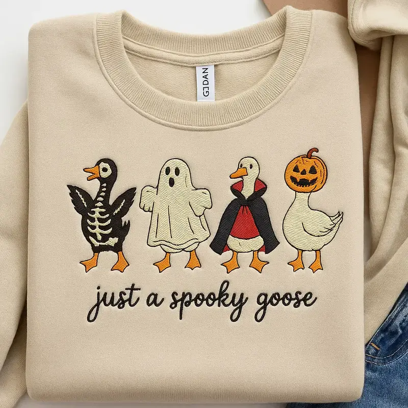 Just a Spooky Goose Embroidered Sweatshirt | Funny Halloween T-Shirt with Goose Skeleton, Ghost Costume, Pumpkin Head for Fall | Cute Goosecore Aesthetic