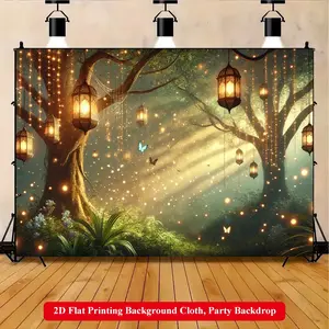 2D Flat Printing Backdrop Banner 1pc, Magical Forest Lights And Butterflies Vibrant Polyester Background Cloth for Family Party, Wedding, Birthday, Christmas, Thanksgiving, Room Decorations, Party Decorations Banners, Easy to Set Up, Reusable