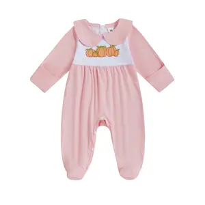 Baby Girl Halloween Romper Pumpkin Embroidered Doll Collar Long Sleeve Footie Pajama Cute Winter Fall Clothes