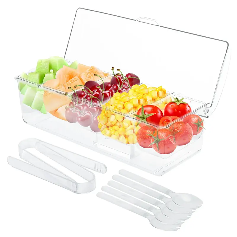 Ice Chilled 5-Compartment Transparent Condiment Server with 5 Forks & 2 Clips – Perfect Fruit, Salad & Snack Tray for Home, Party, Taco Bar, Kitchen Organization, Buffet Display, Reusable, Clear Plastic, Easy to Clean