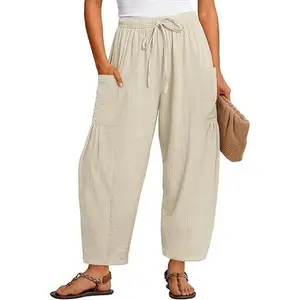 MEROKEETY Women's Linen Wide Leg Pants Summer 2026 Casual Loose Beach Vacation Baggy Palazzo Barrel Pant with Pockets