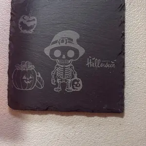 Halloween Slate Coaster with Skeleton and Pumpkin Design for Festive Decor